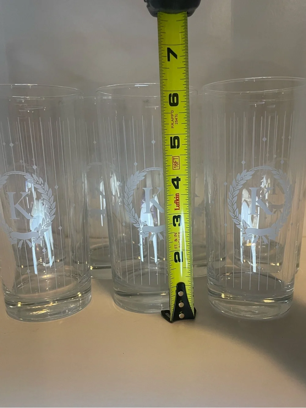 ‘K’ Monogrammed, Classic Clear Etched Highball Glasses - Set of Tall Tumblers,